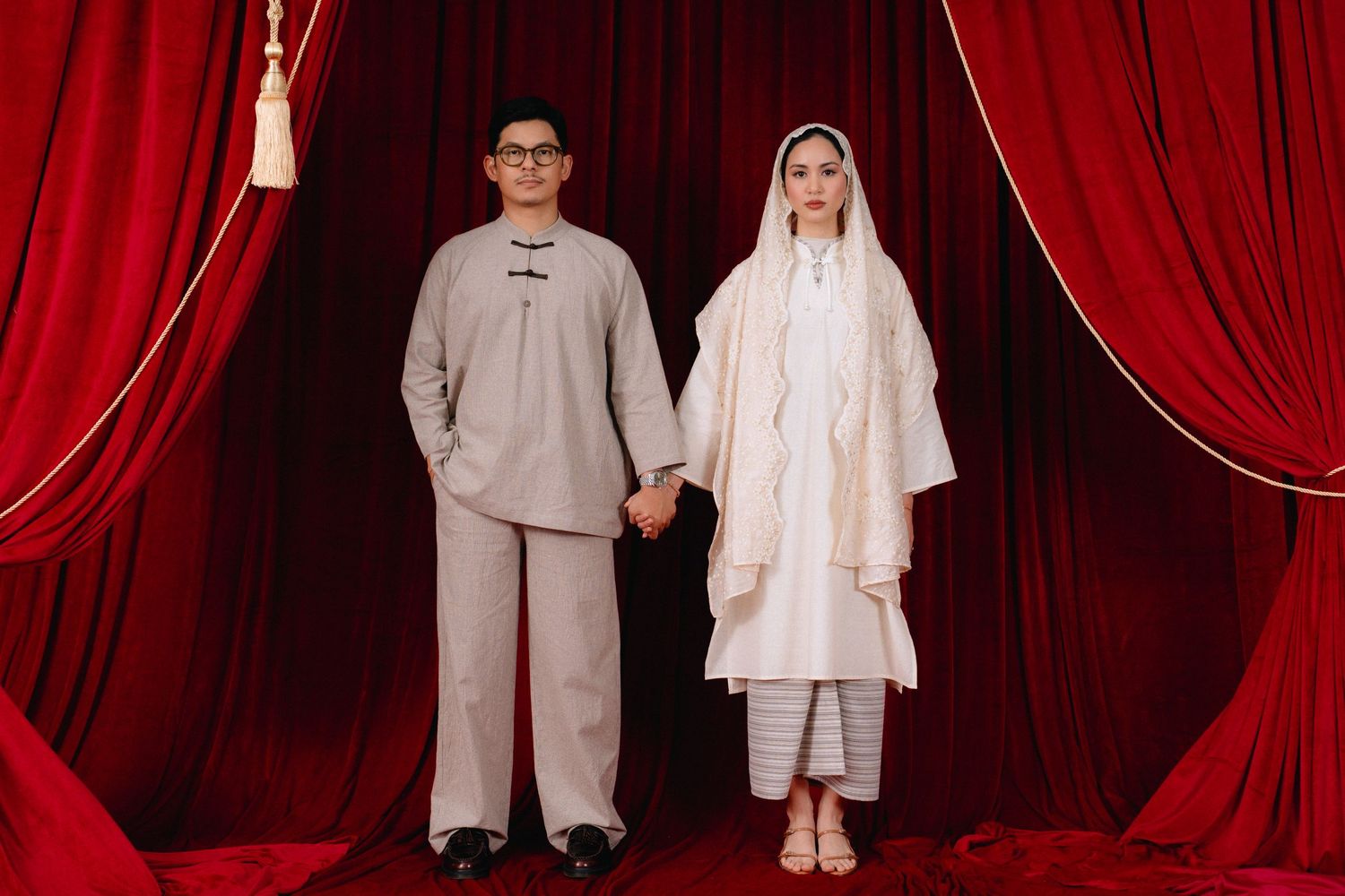 A series of fashion photographs showing white wedding attire against dramatic red velvet curtain backdrops.