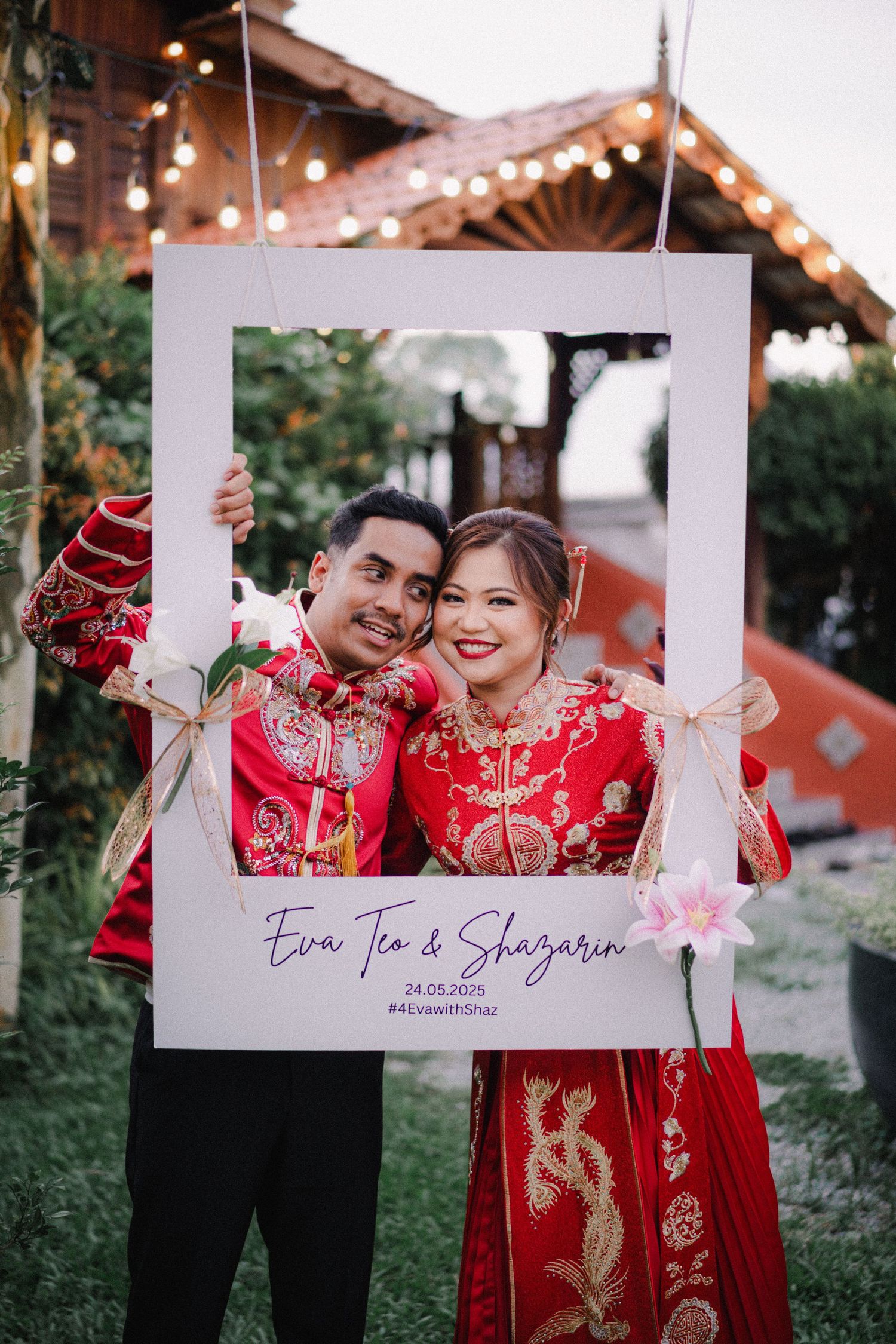 Traditional Chinese wedding photo session featuring couple in red qipao dress and suit under romantic string lights.