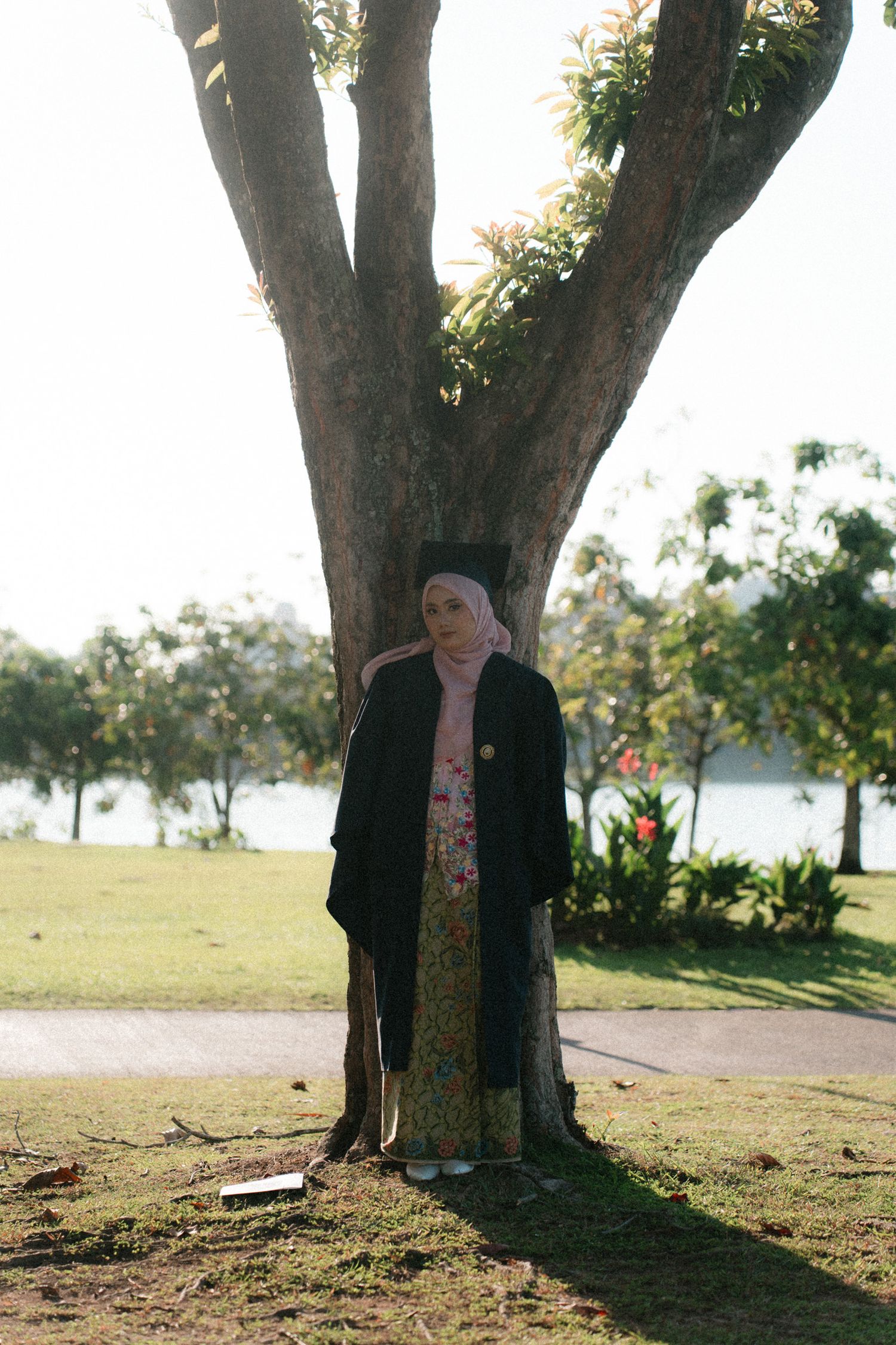 A series of five connected photos showing a person standing behind a large tree trunk in a grassy park setting at sunset.