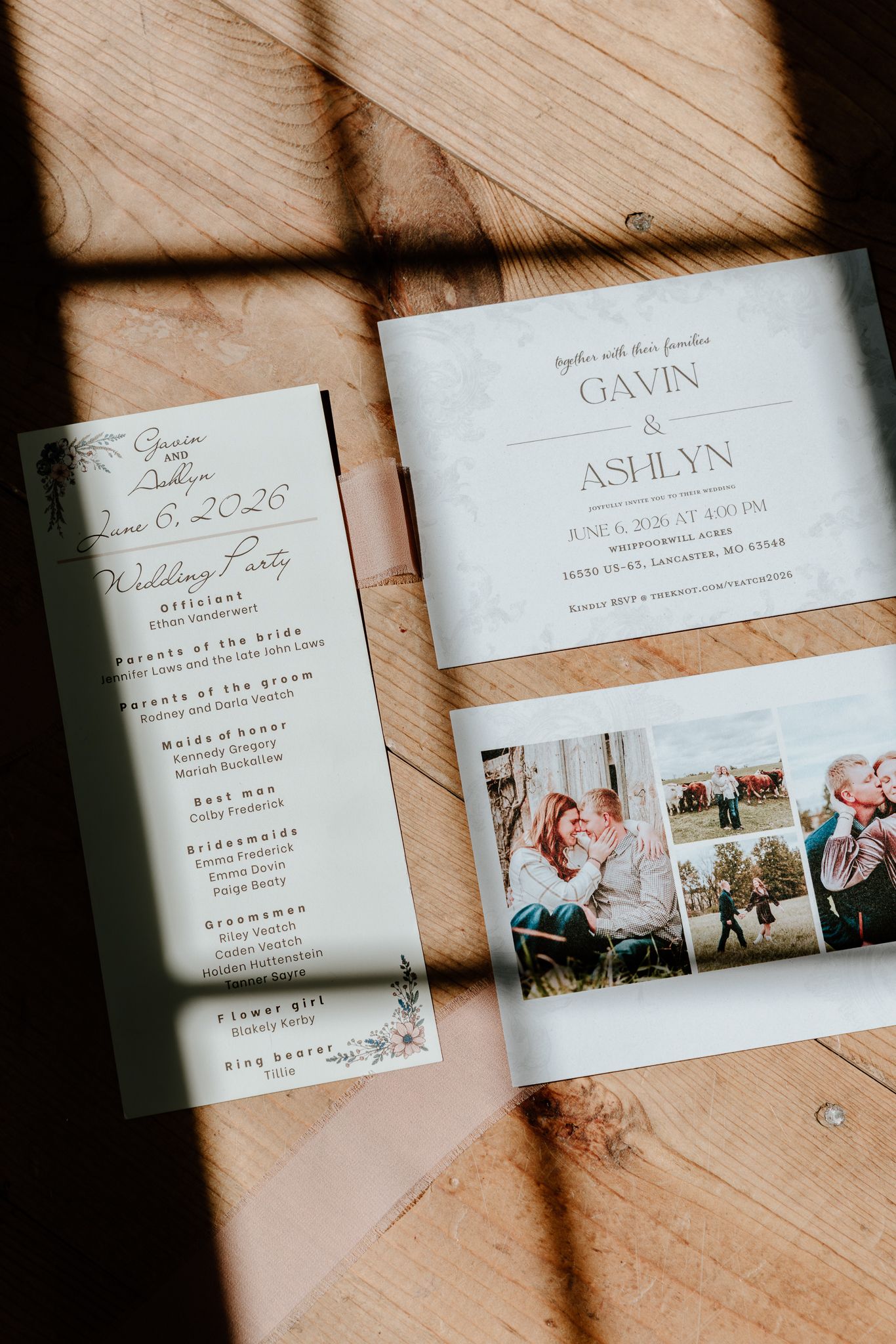 Elegant wedding invitation suite for Gavin and Ashlyn featuring program, details card, and photo collage on rustic wood surface.