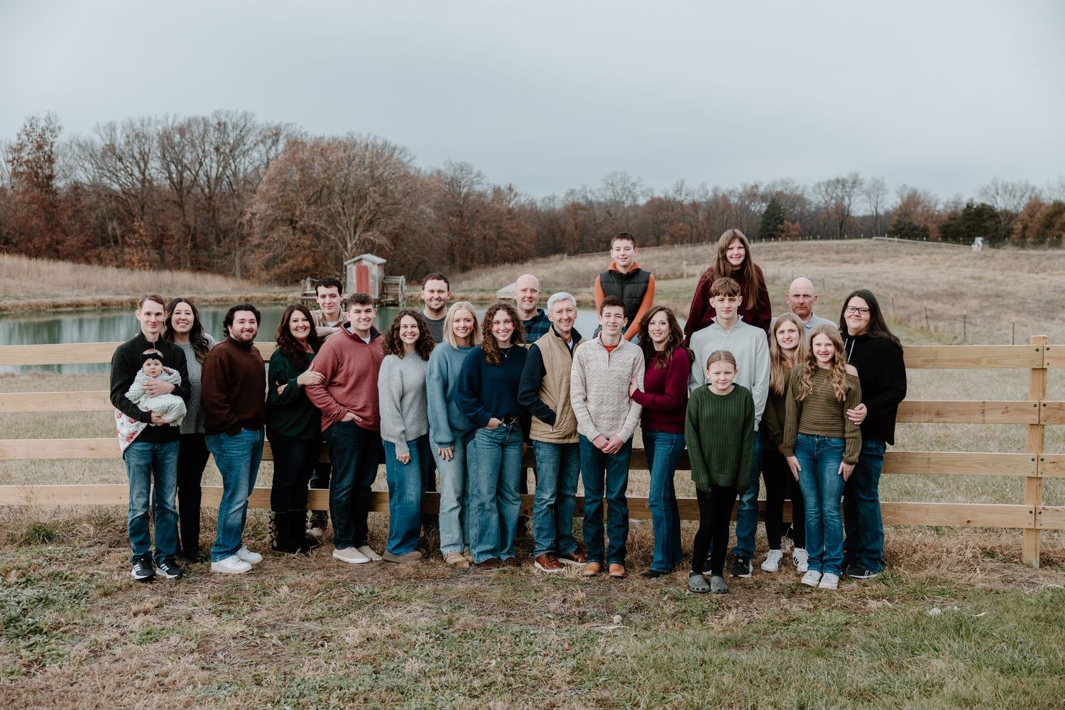 A series of outdoor family group photos arranged in a collage showing people in casual clothing against a natural backdrop.