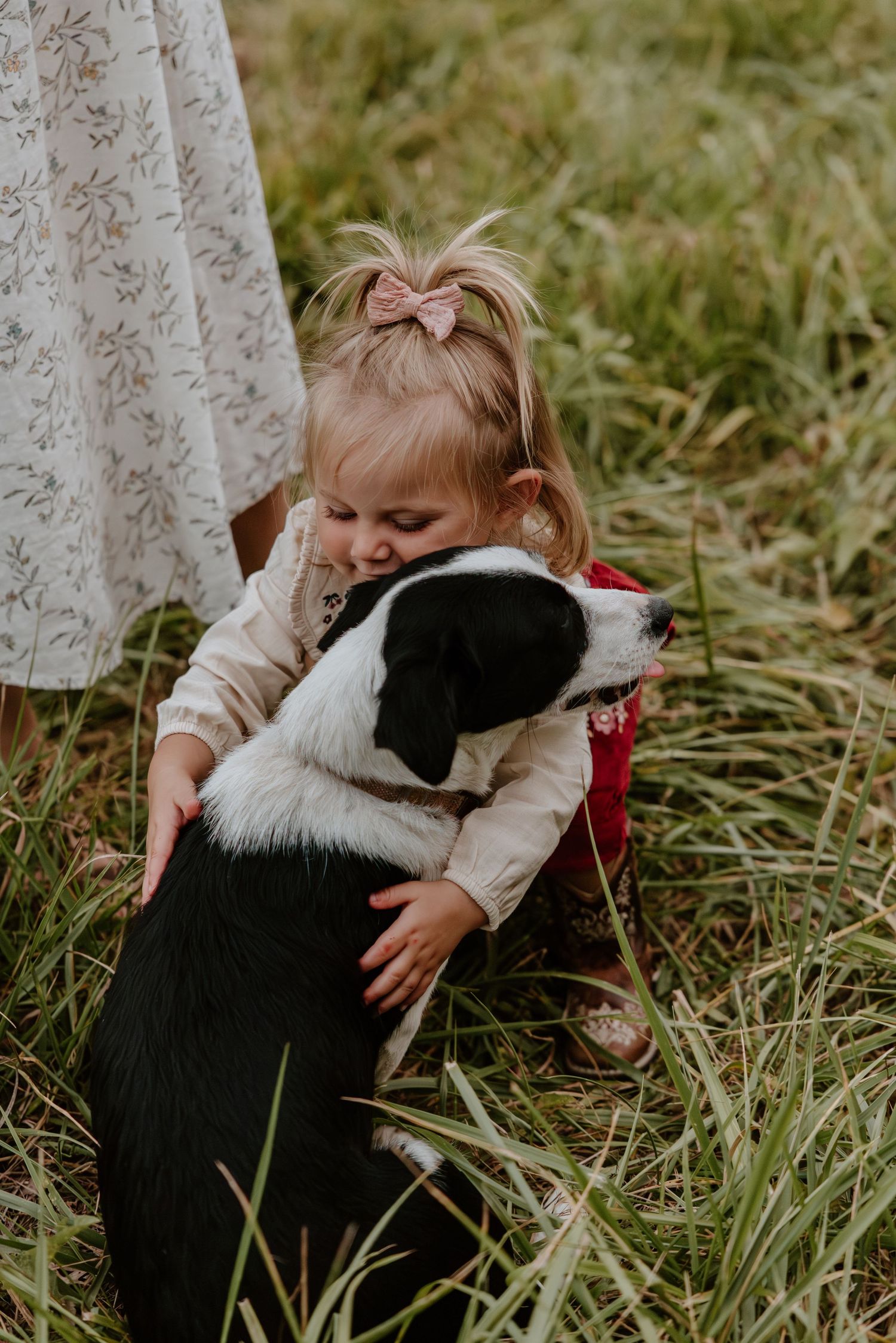 A child in white clothing hugs a large black and white dog in tall grass during a tender outdoor moment.