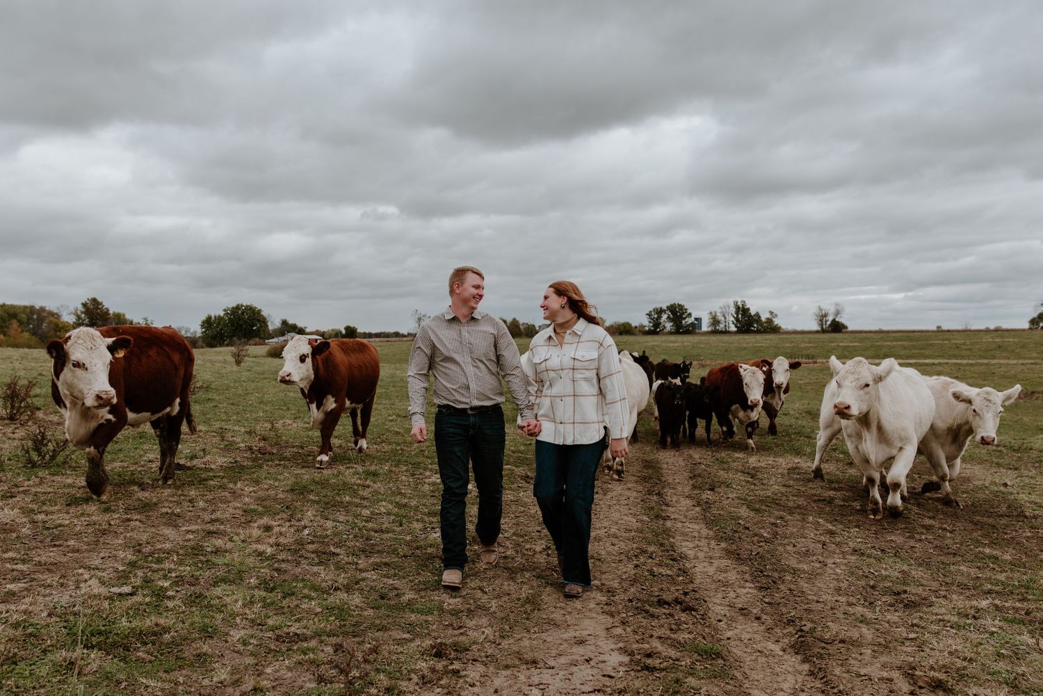 Two people walking down a dirt path on a farm with cattle grazing in the background under cloudy skies.