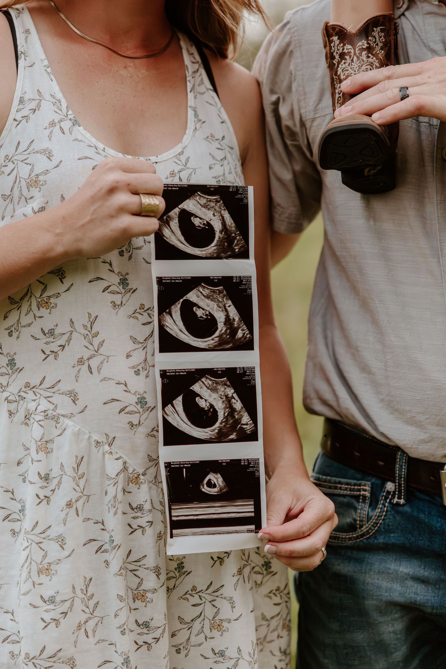 A person in casual attire holds up ultrasound photos in a sequence of progressive shots showing pregnancy announcement moments.