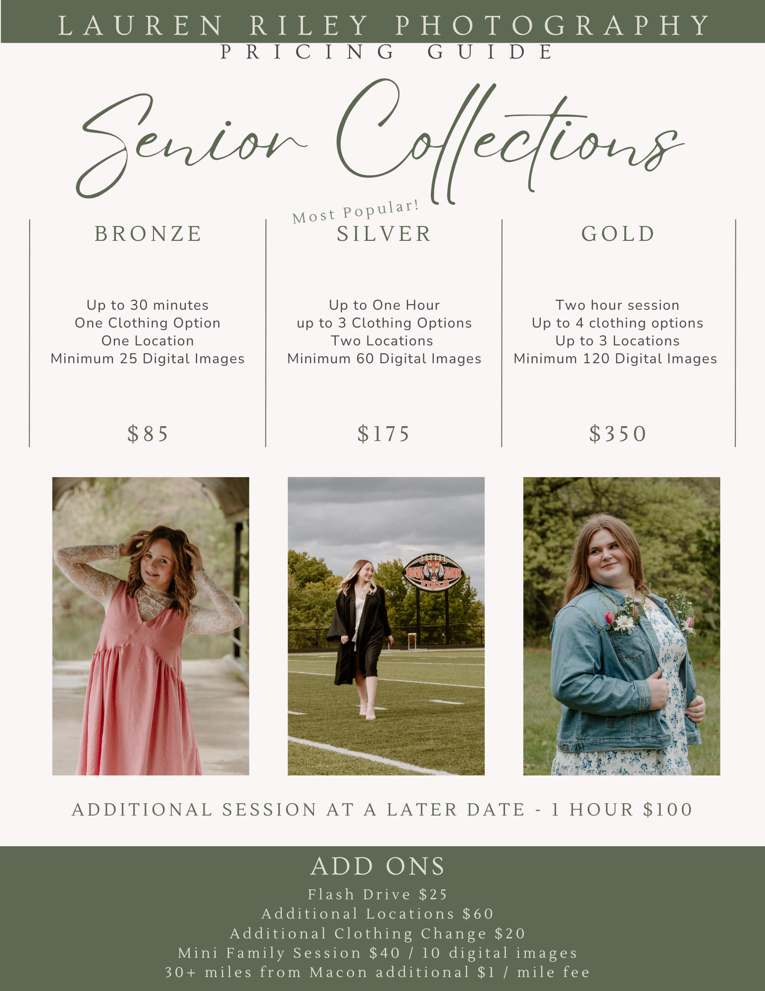 Professional photography pricing guide showing session packages and add-ons in bronze, silver and gold tiers.