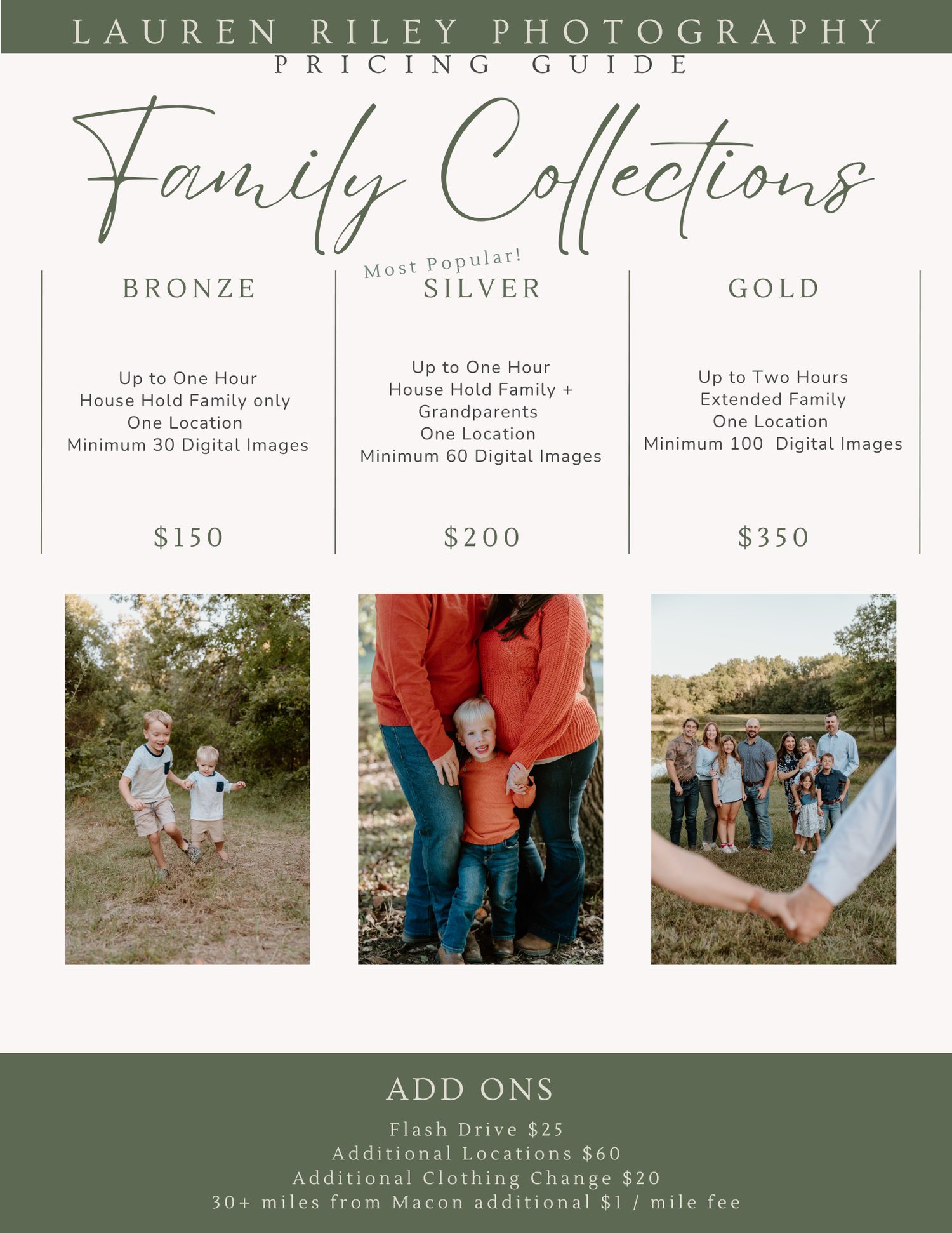 Professional photography pricing guide showing family photo packages and add-ons with sample images in sage green design.