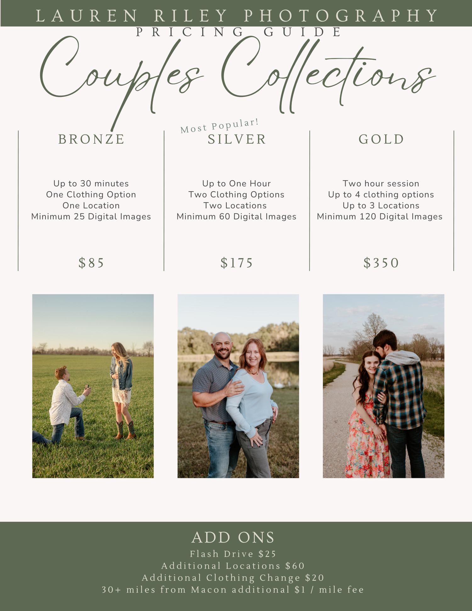 Photography pricing guide template featuring muted earth tones and sample couple session images in outdoor settings.