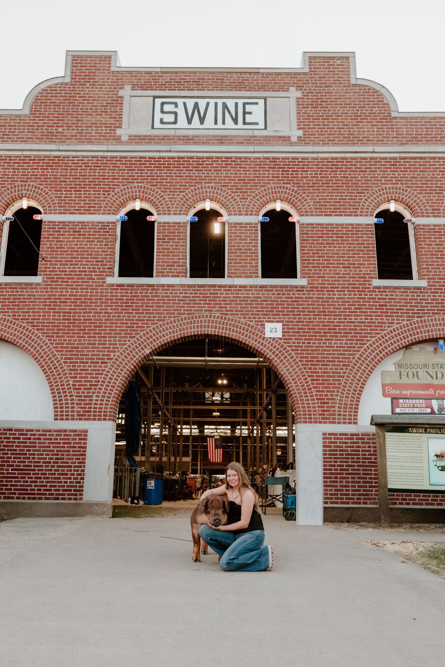 A sequence of photos taken outside a brick building with 'SWINE' signage at a fairground.