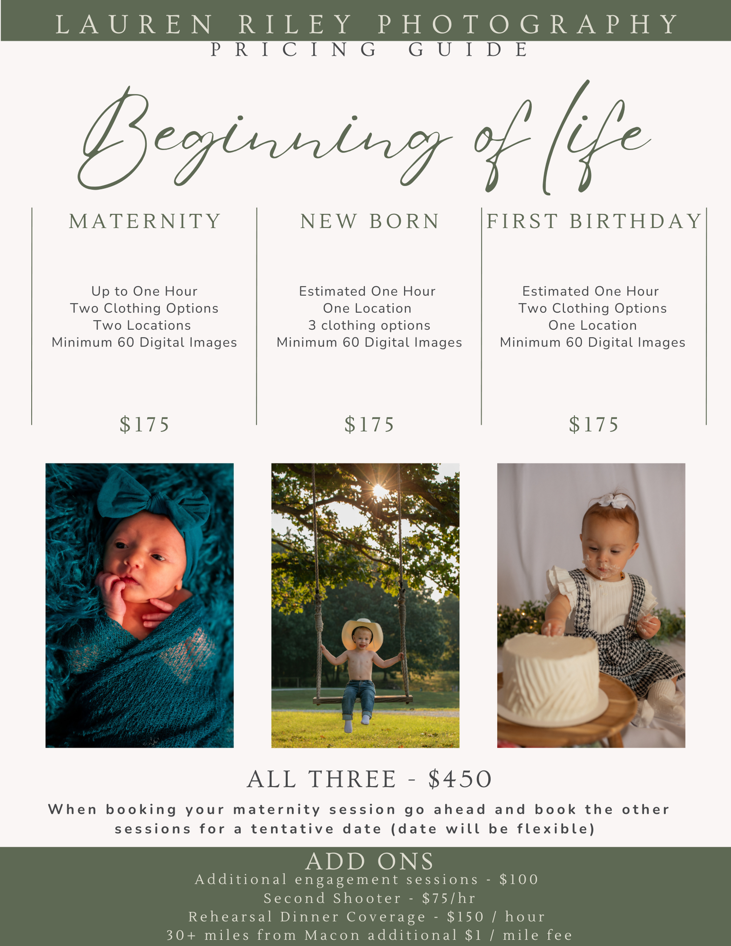Photography pricing guide showing maternity, newborn and first birthday packages with sample photos and pricing details.