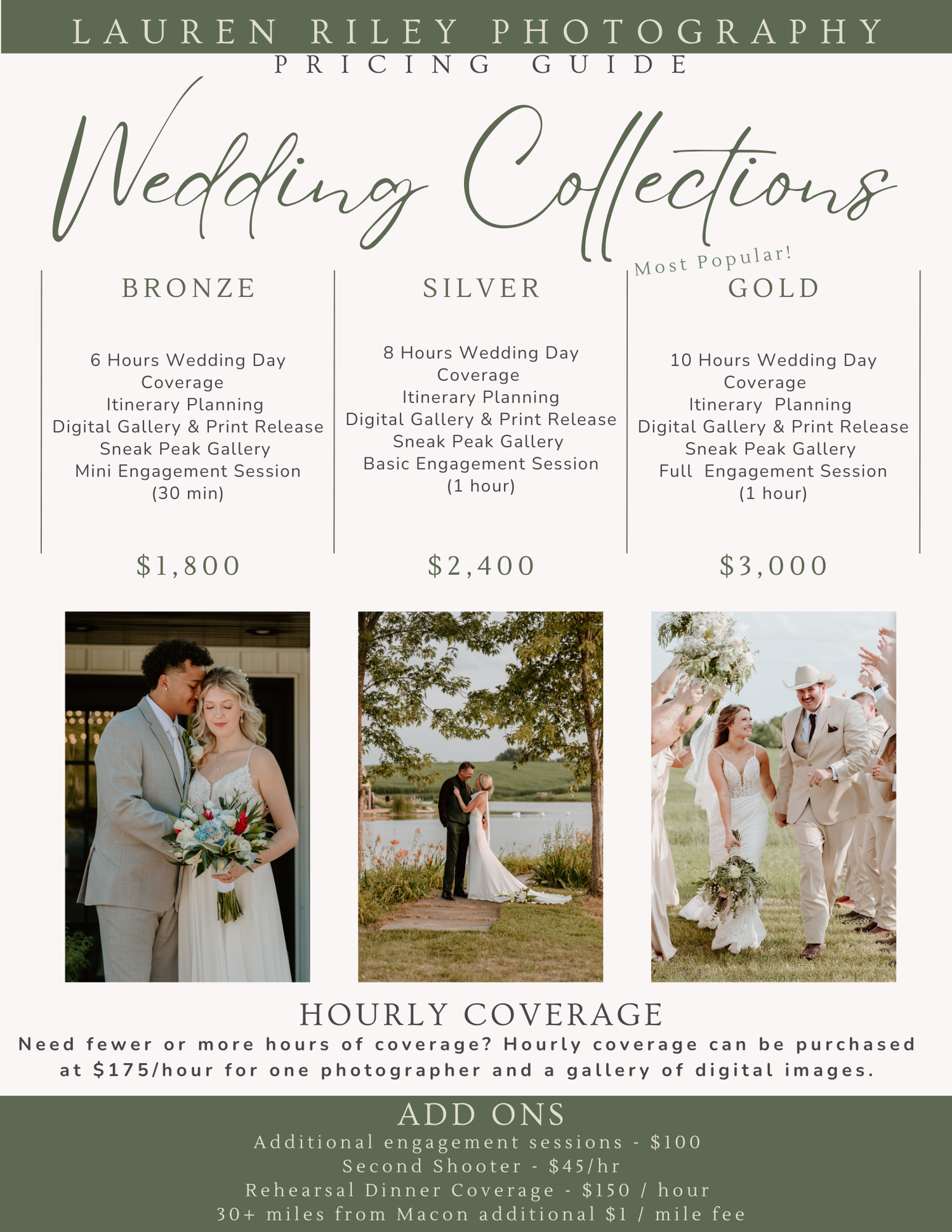 Lauren Riley Photography wedding pricing guide showing bronze, silver, and gold collection packages with couple photos.