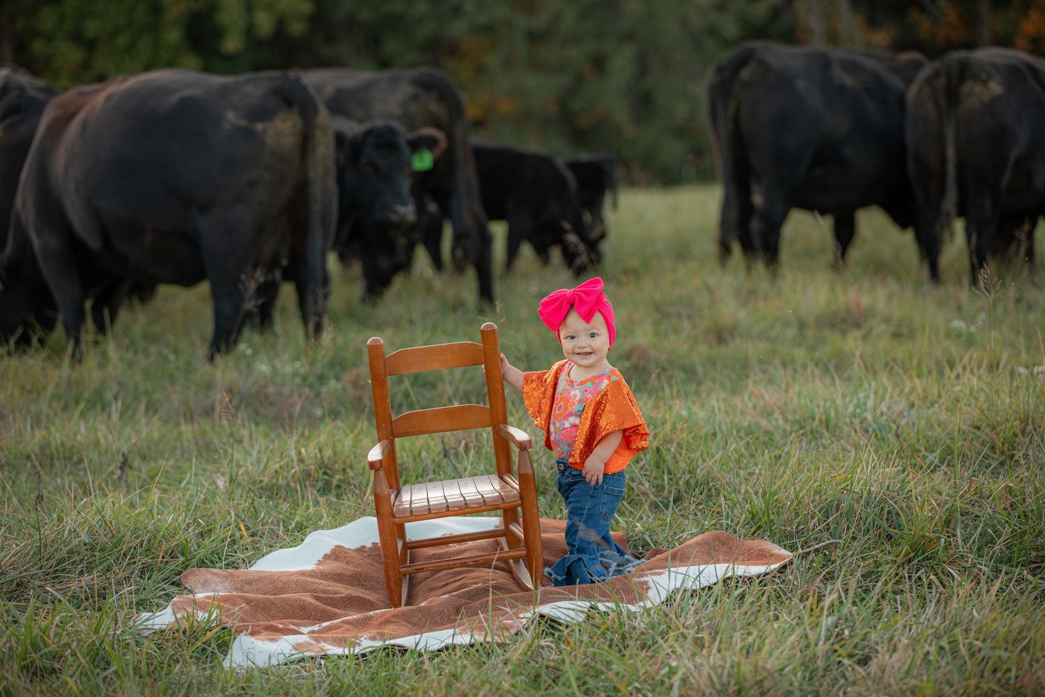 A small figure in bright orange stands near a wooden chair on a blanket while buffalo graze in the background.