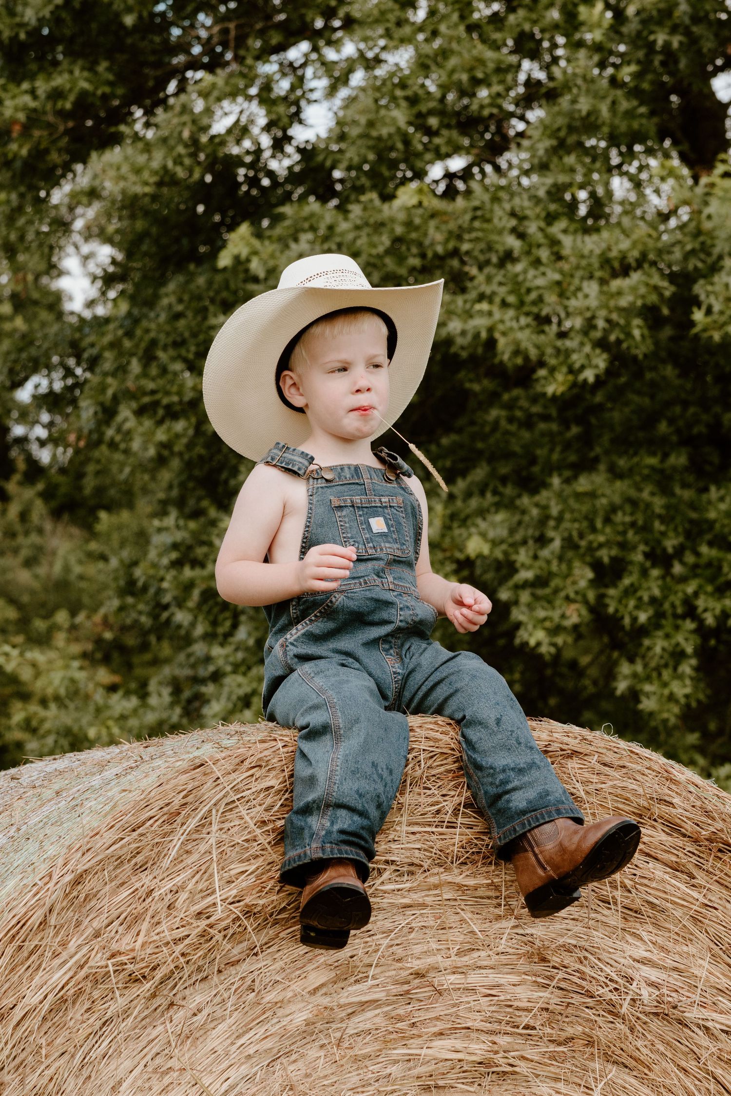 Small child wearing overalls and cowboy hat sits atop round hay bale in rustic country setting.