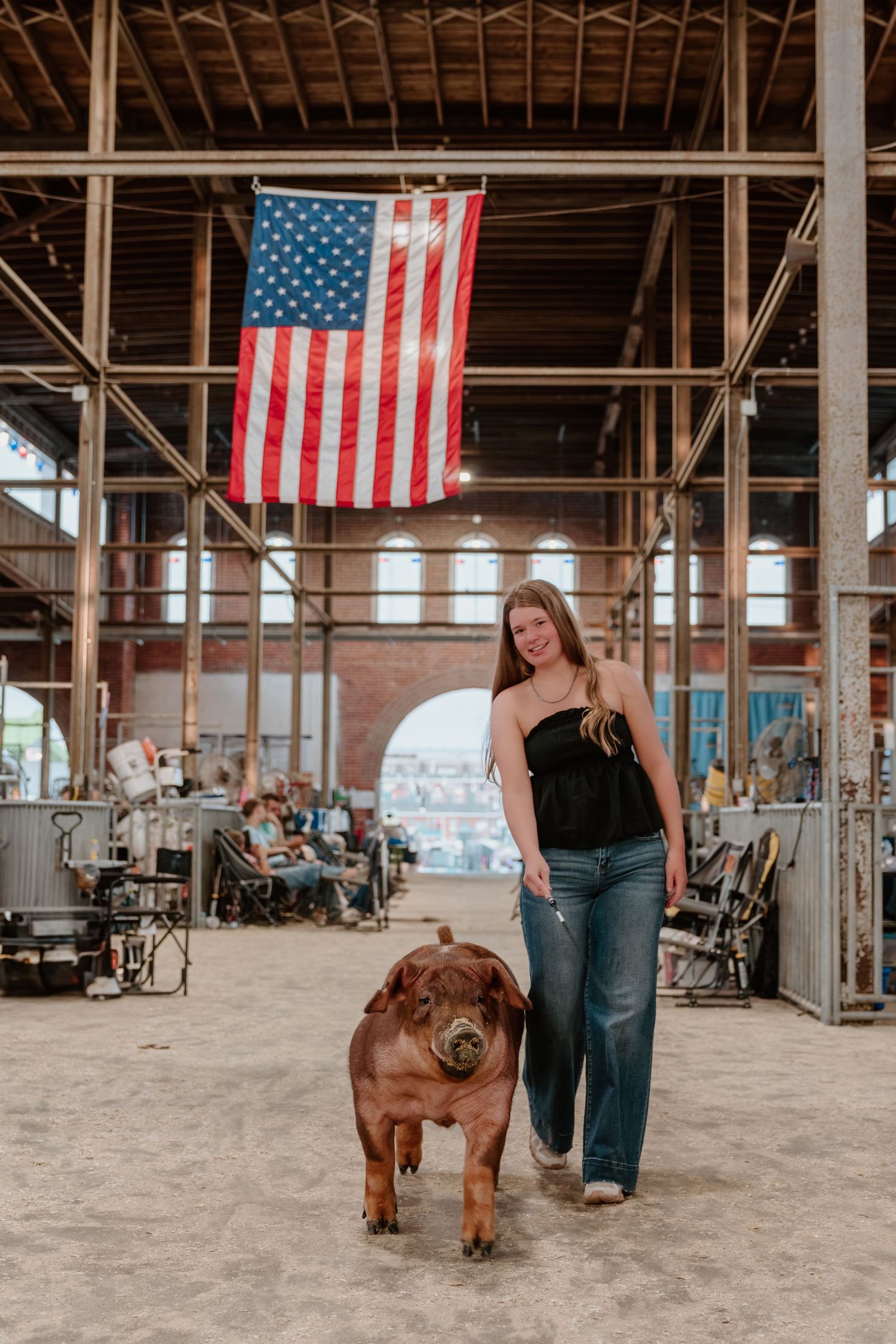 A sequence of photos showing a pig being trained in an indoor arena with an American flag visible in the background.
