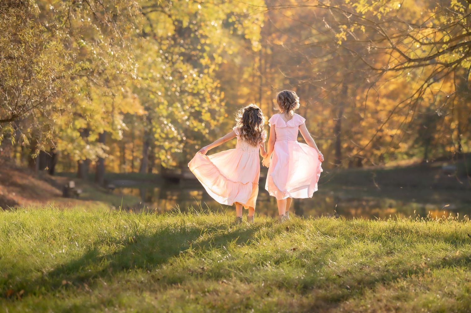 two little girls in flowy pink dresses walk away through the grass hand in hand, with beautiful fall leaves in the background