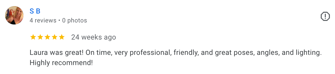 image of a five-star client review from Google, praising Laura Priestley Photography's services