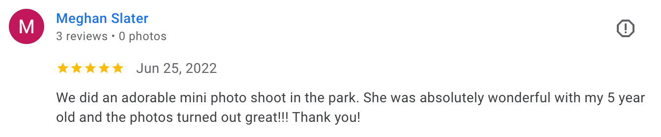 image of a five-star client review from Google, praising Laura Priestley Photography's services