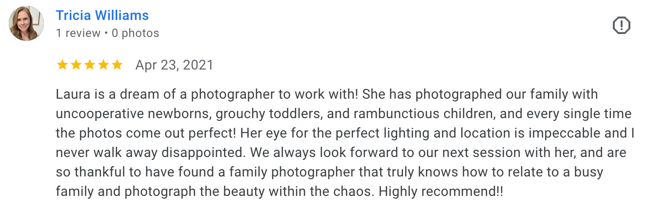 image of a five-star client review from Google, praising Laura's services