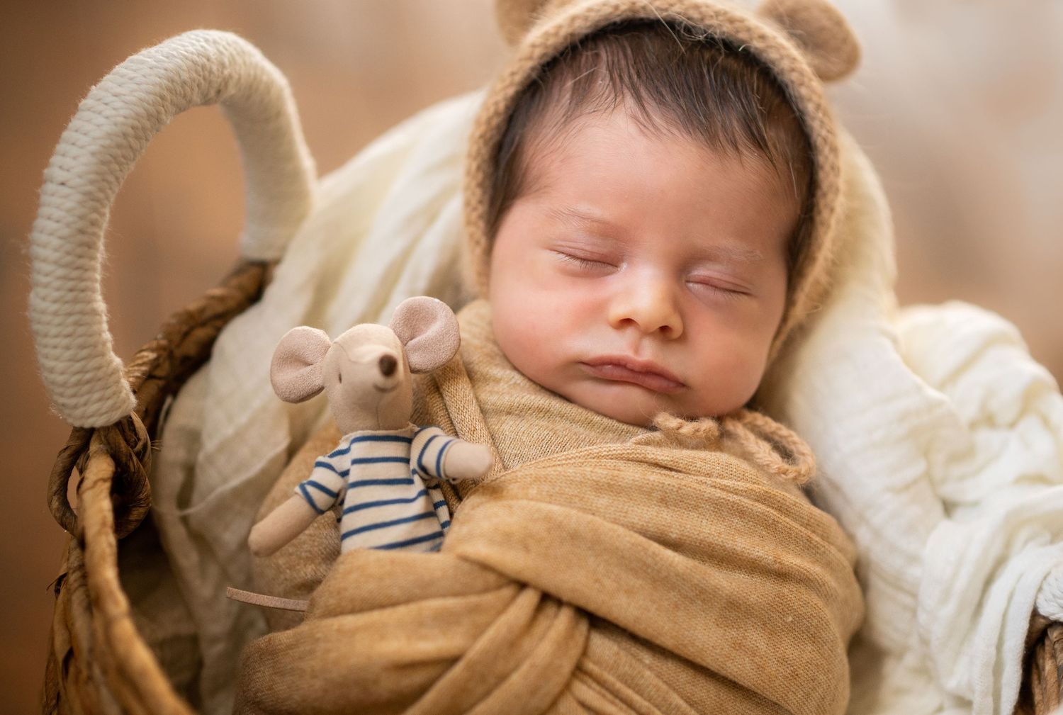 Newborn baby sleeping in a basket wearing a bear bonnet, cuddling a small mouse stuffed animal wrapped in a golden blanket.