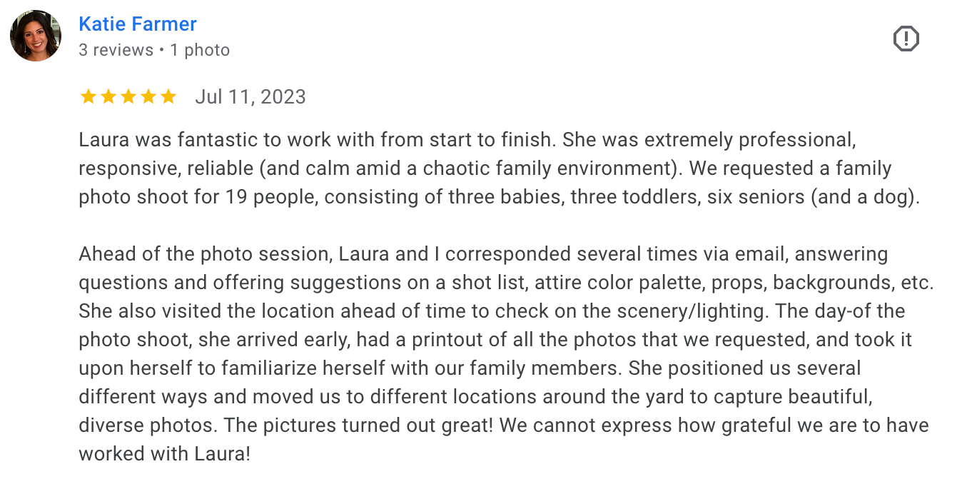 image of a five-star client review from Google, praising Laura Priestley Photography's services