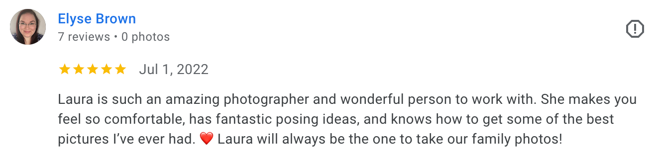 image of a five-star client review from Google, praising Laura Priestley Photography's services