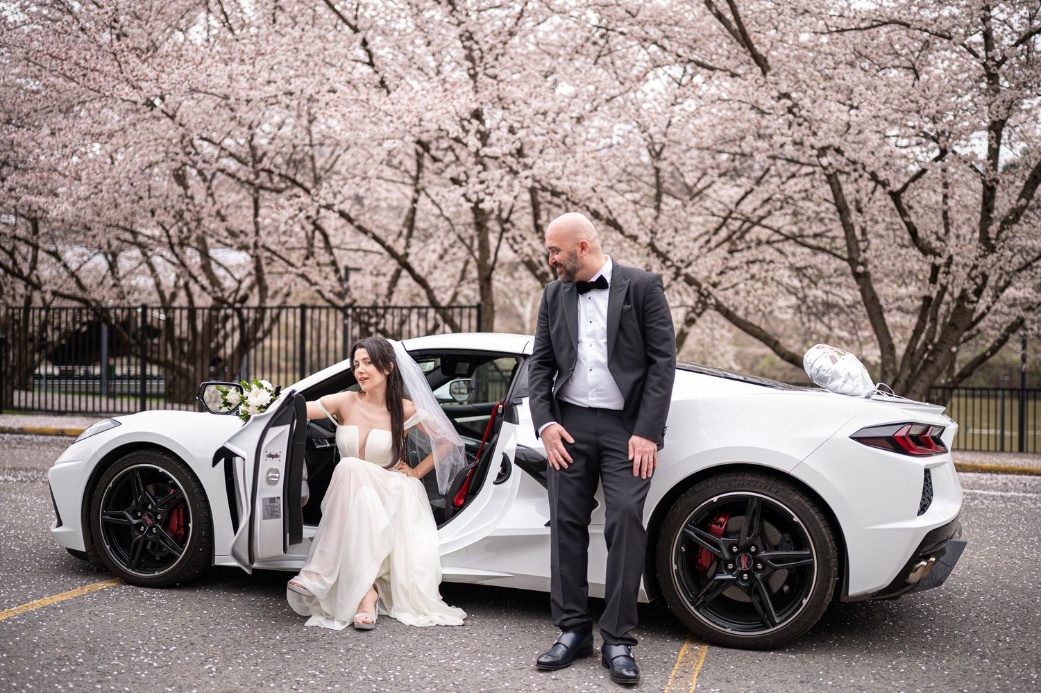 stylish urban wedding portrait of the bride and groom posing with the groom's late model corvette with flowering trees in the background.