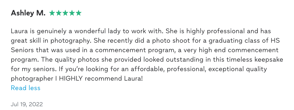 image of a five-star client review from Google, praising Laura Priestley Photography's services