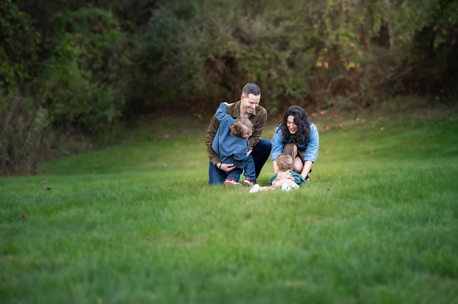 a father and mother stand in green grass with their arms outstretched toward their two little boys, who run toward them