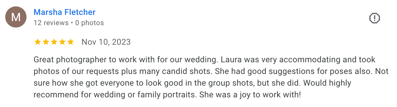 image of a five-star client review from Google, praising Laura Priestley Photography's services