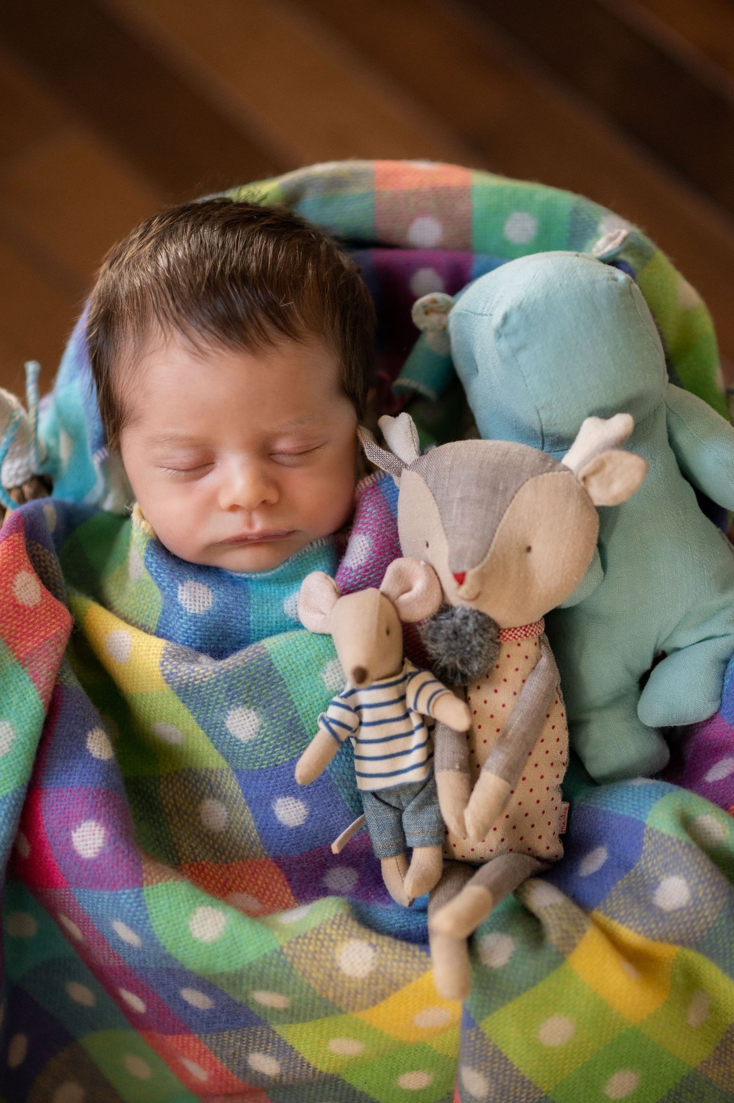 Sleeping newborn baby wrapped in colorful polka dot blanket with stuffed animal toys beside them.
