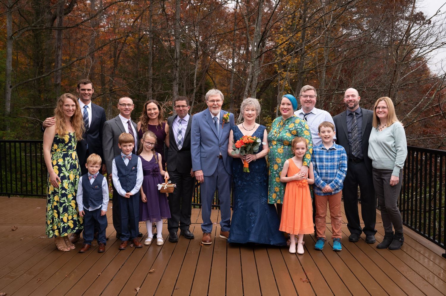 an extended family portrait at a wedding of an older couple at the WV Botanic Garden in Morgantown, WV