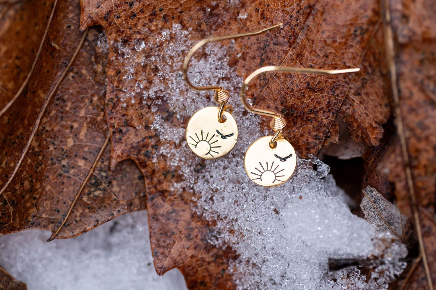 product image of a pair of hand stamped gold earrings lying on snow crystals and fallen leaves