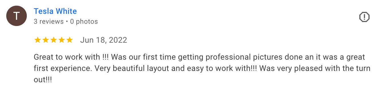 image of a five-star client review from Google, praising Laura Priestley Photography's services