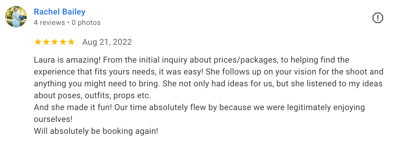 image of a five-star client review from Google, praising Laura Priestley Photography's services