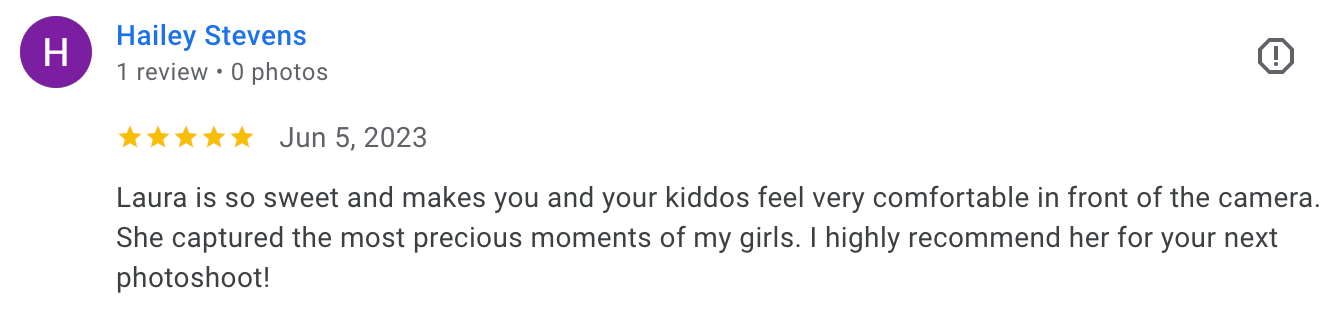 image of a five-star client review from Google, praising Laura Priestley Photography's services