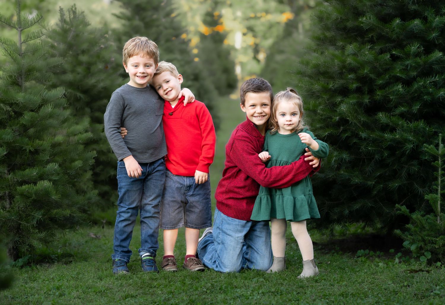 four little cousins pose together for a Christmas card picture on a Christmas tree farm during an extended family portrait session