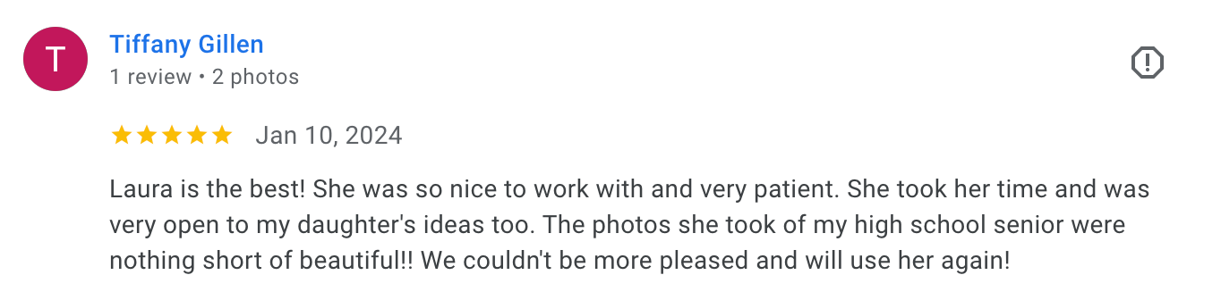 image of a five-star client review from Google, praising Laura Priestley Photography's services