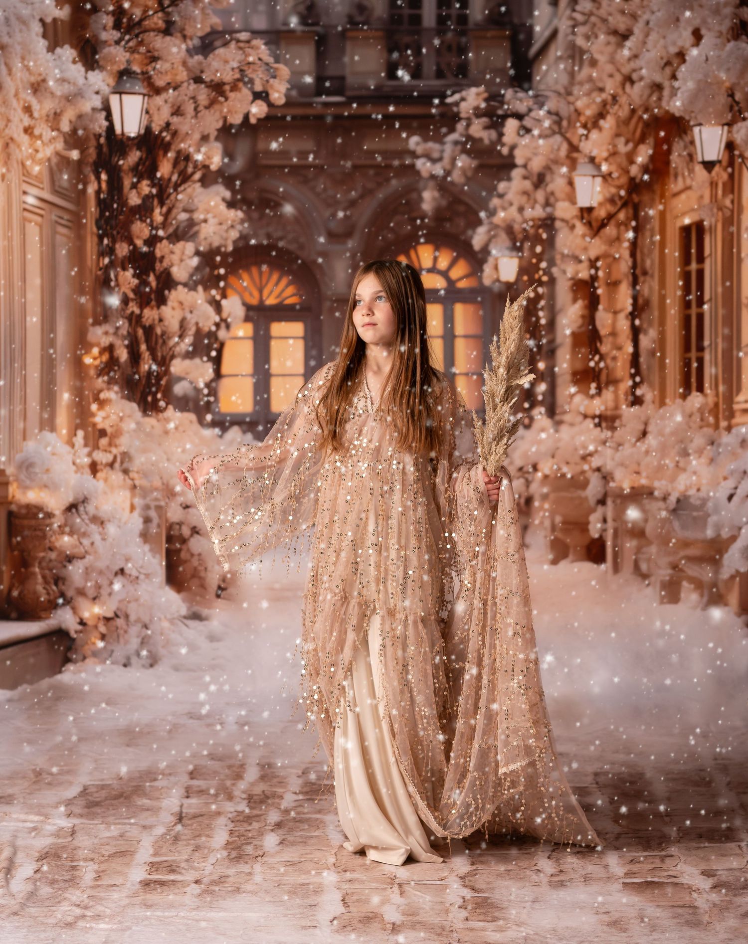 a young girl in a trailing gold sequin gown walks down a snowy brick street with luxurious Christmas lights and snow in the background