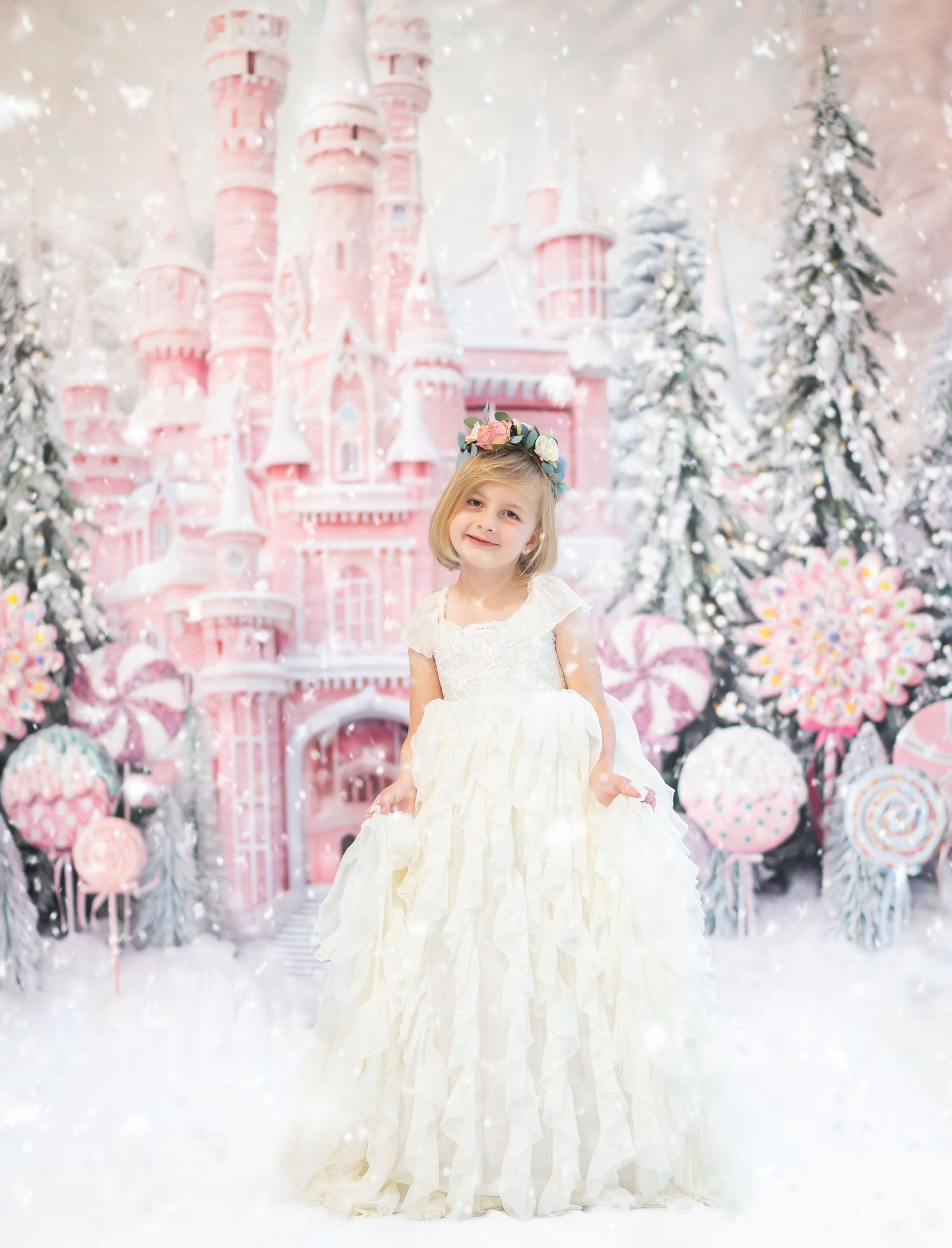 a little girl in a frilly white dress stands in the snow with an elaborate pink candy castle in the background