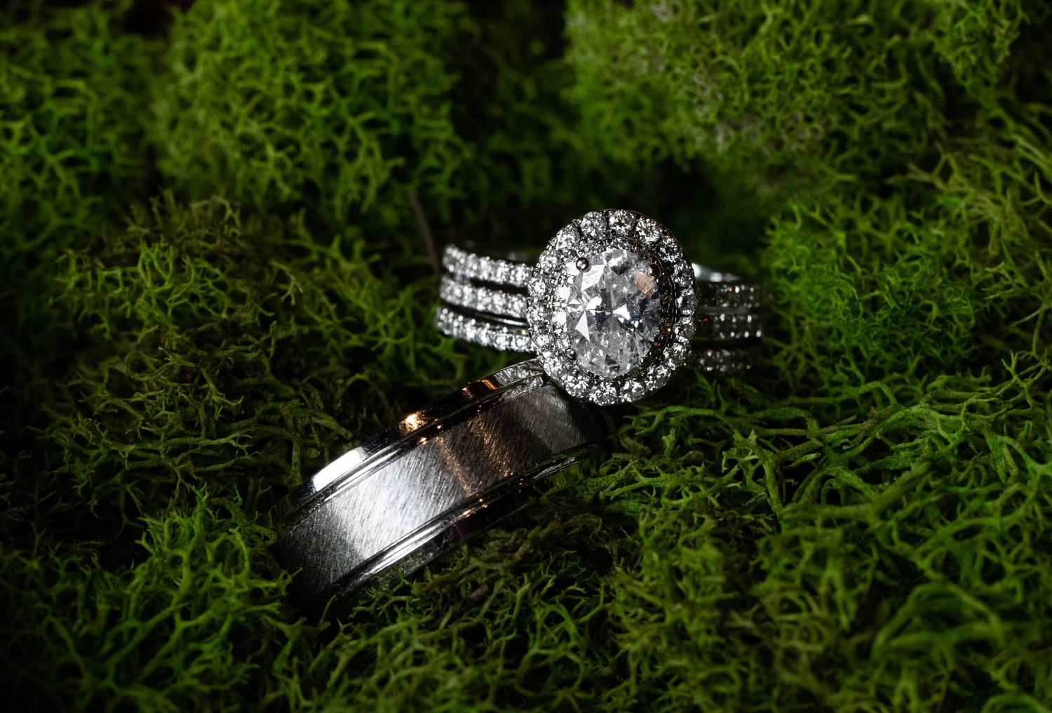 closeup detail shot of an ornate modern diamond wedding ring with a silver groom's ring, arranged together on a bed of rich green moss