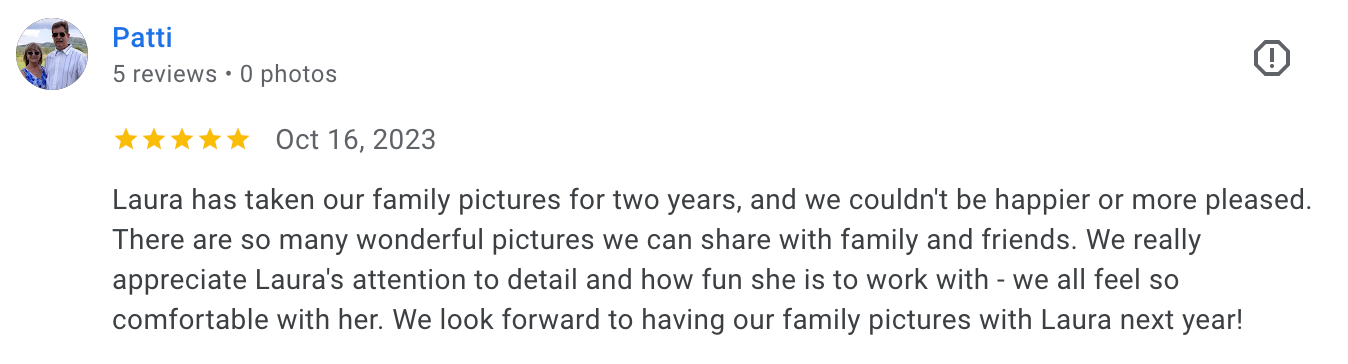 image of a five-star client review from Google, praising Laura Priestley Photography's services