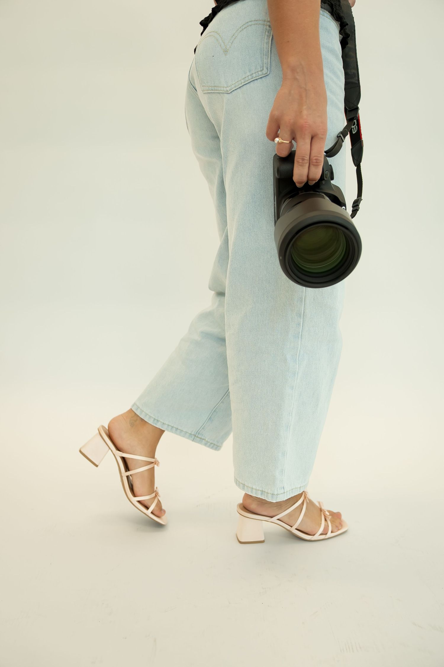 Close-up shots of legs and camera equipment against white background.