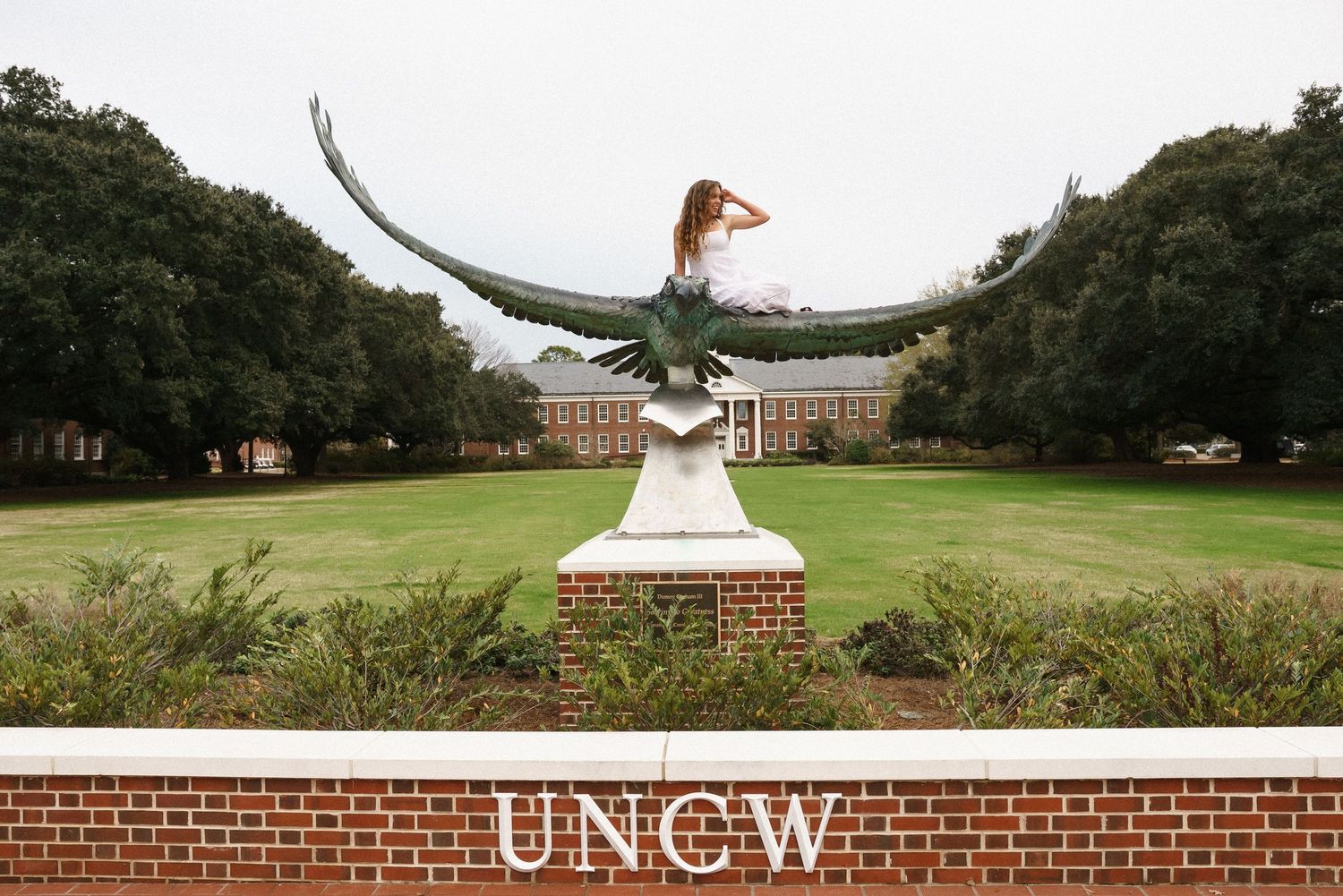 A panoramic view of UNCW campus with hawk statue and brick buildings in background.