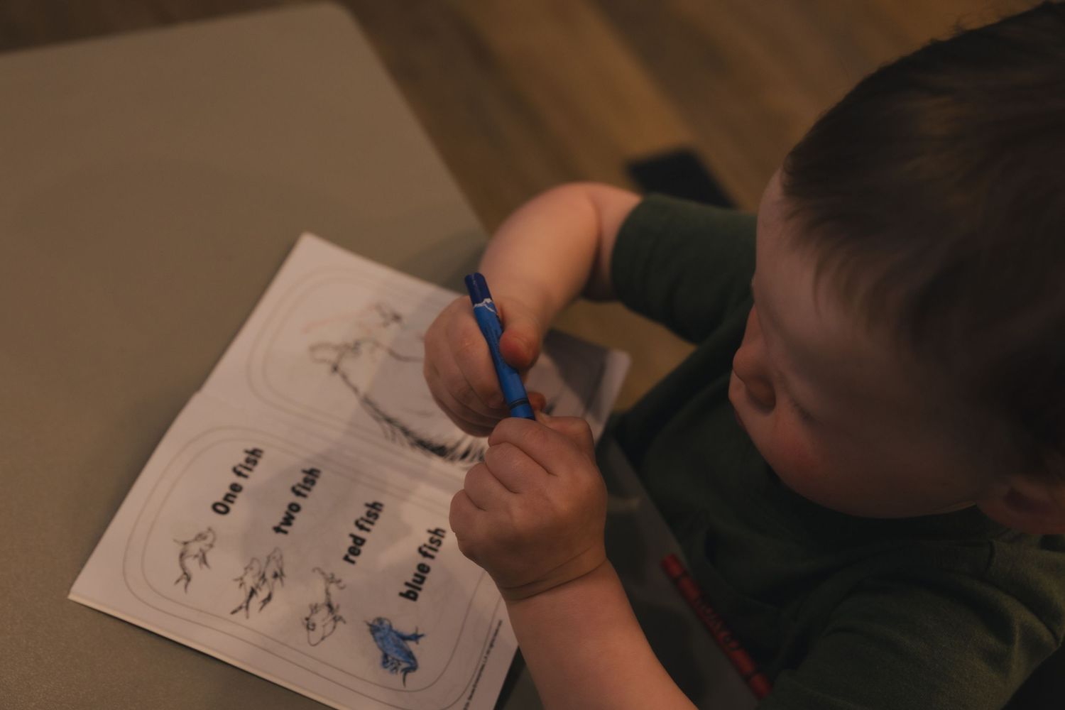 Young child coloring a Dr. Seuss One Fish Two Fish worksheet with a blue crayon at a table.