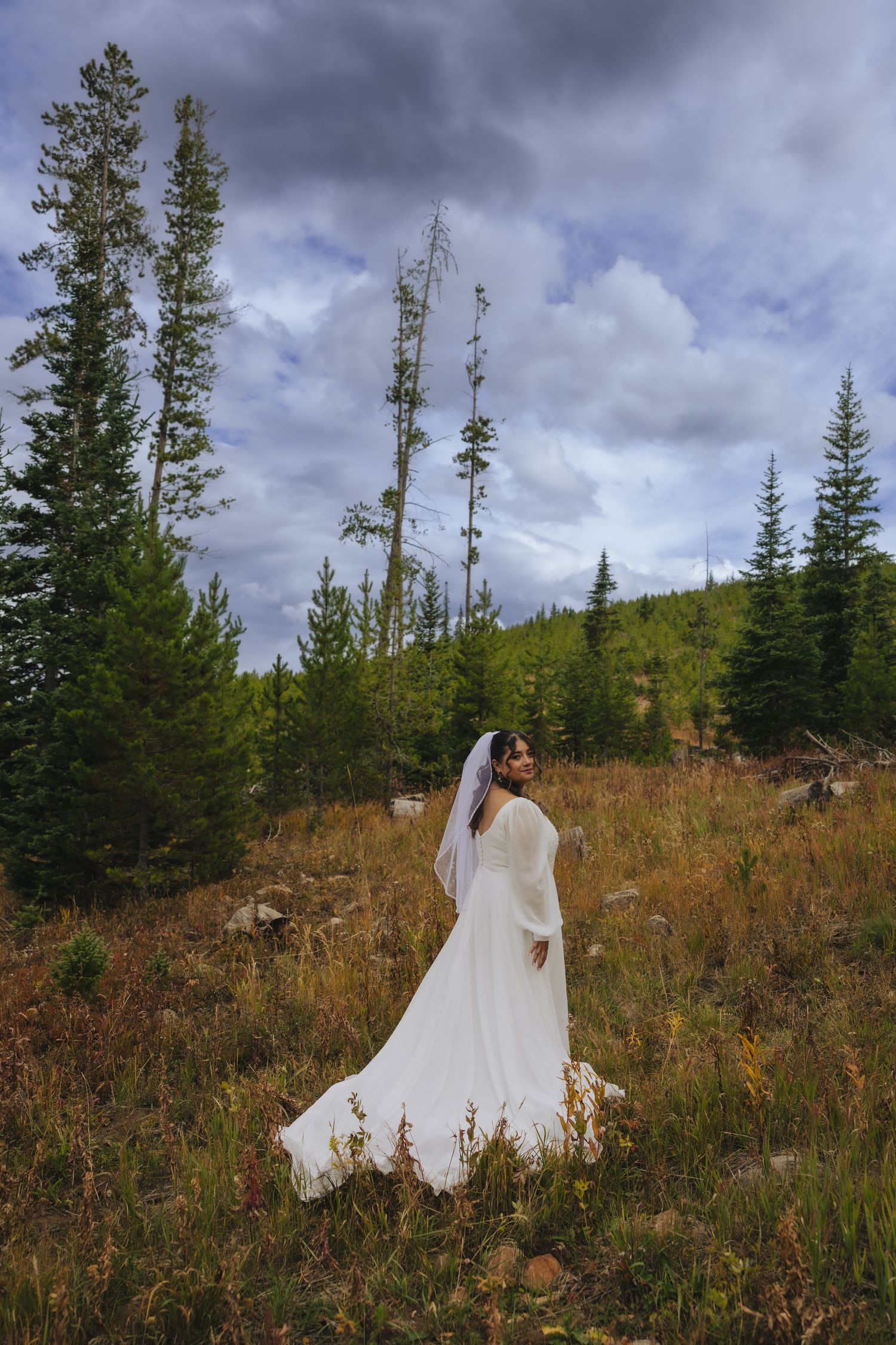 A flowing white wedding dress floats ethereally among tall evergreen trees and autumn grasses under dramatic cloudy skies.