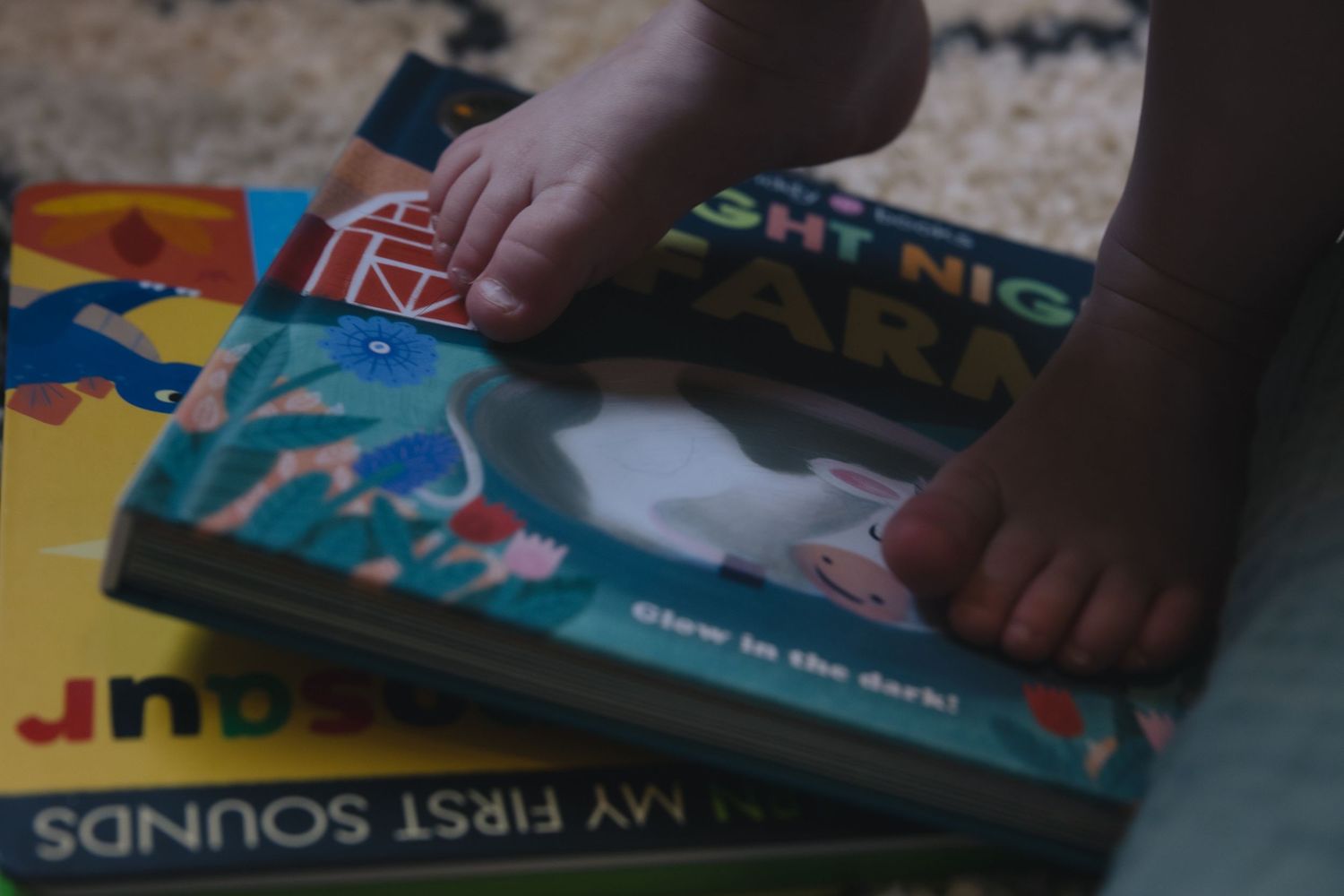 Baby hands touching colorful children's board books including My First Sounds and Night Night Farm on a carpet.