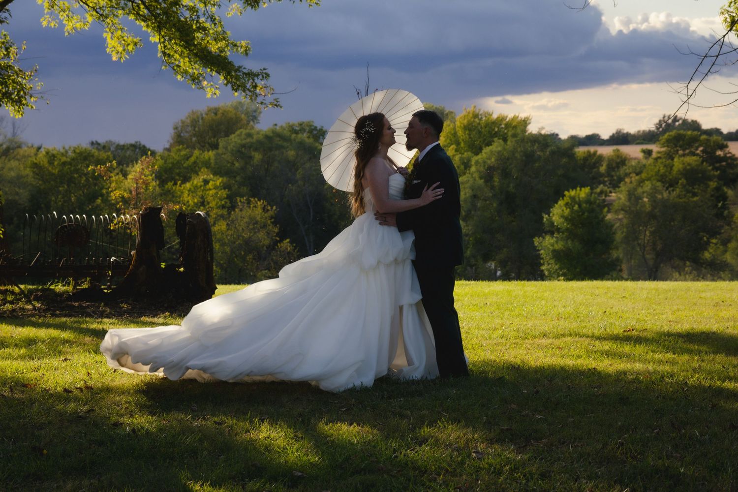 A romantic wedding couple embraces in a sunlit meadow with dramatic stormy clouds and lush greenery in the background.
