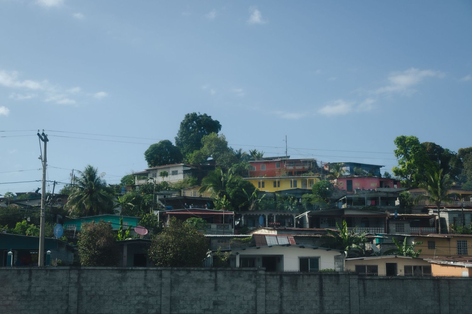 Colorful hillside homes surrounded by tropical trees under a blue sky in a Central American neighborhood.