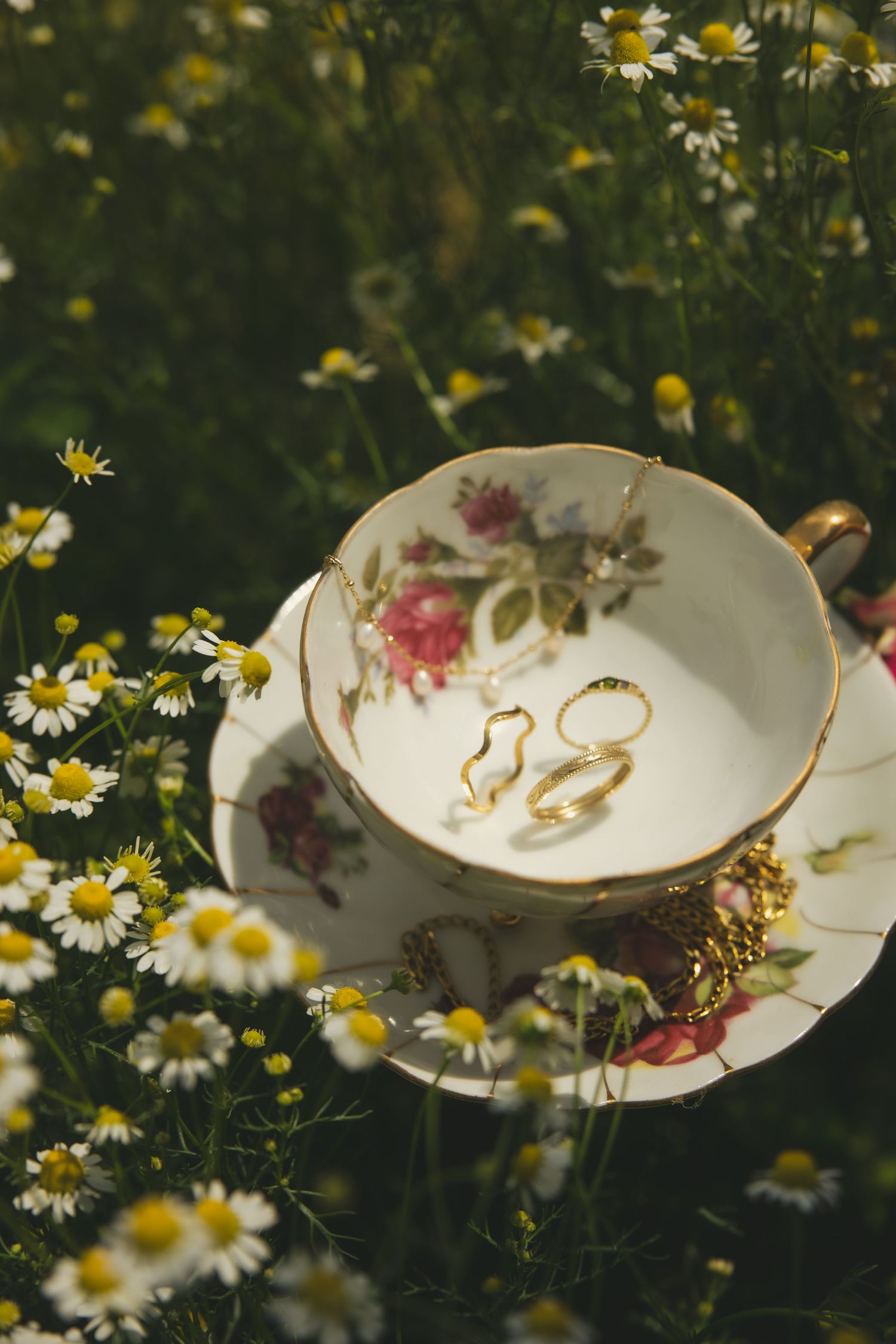 Vintage floral teacups placed among blooming white daisies in a garden setting creates a whimsical outdoor scene.