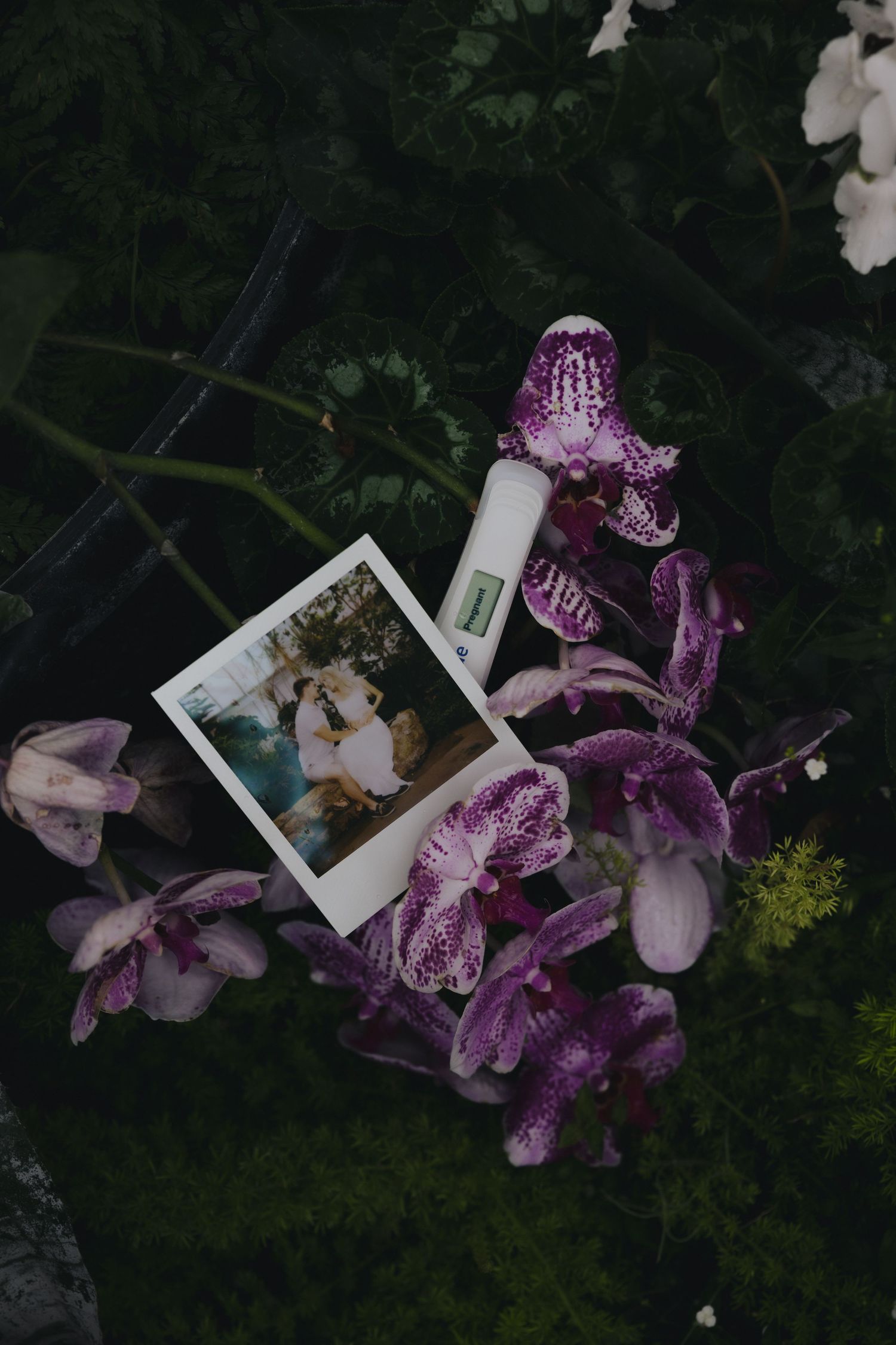 Polaroid photo and lip balm resting on purple orchid flowers surrounded by lush green foliage.