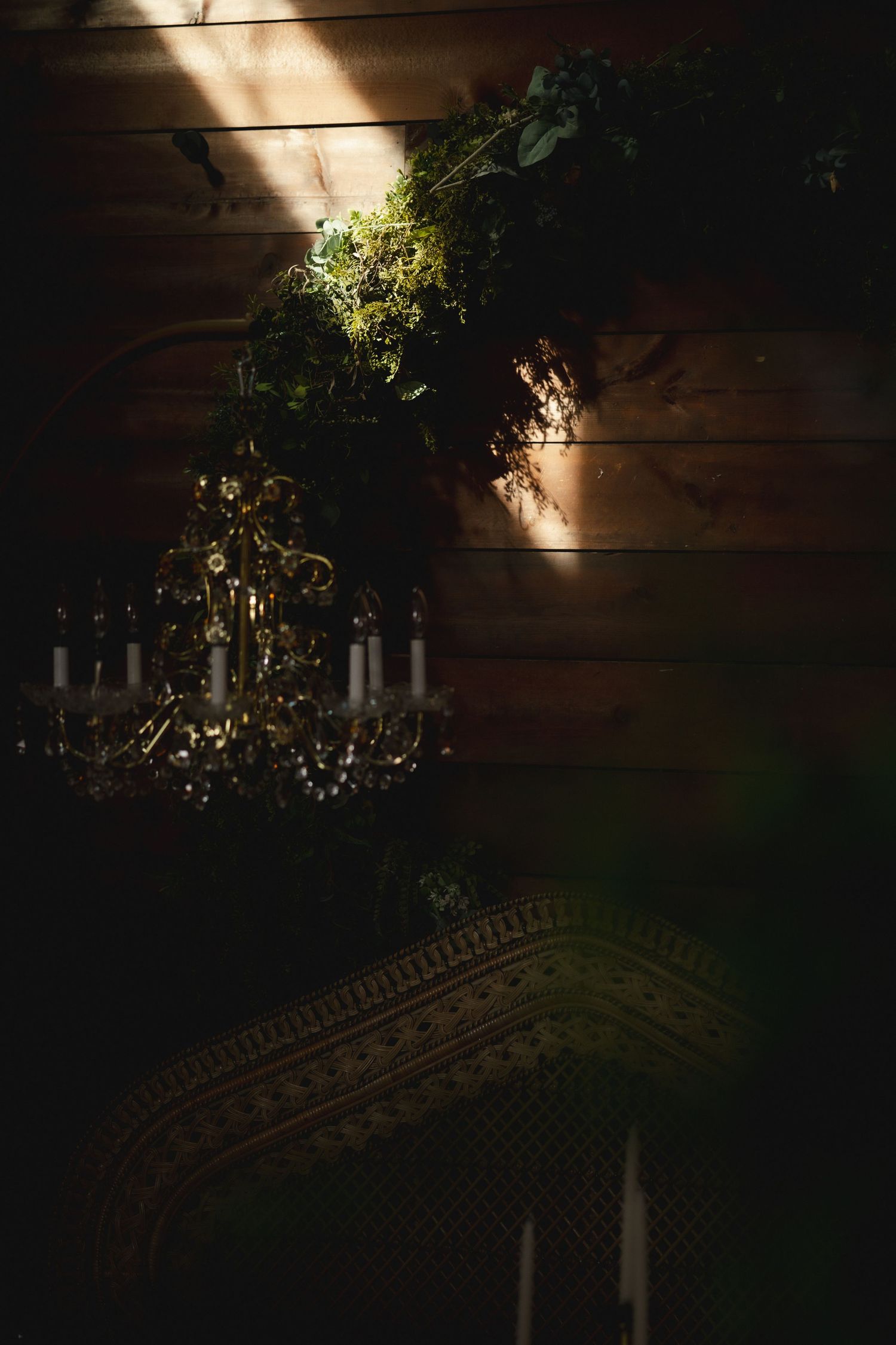 Ornate crystal chandelier and greenery cast dramatic shadows on rustic wooden walls in moody lighting.